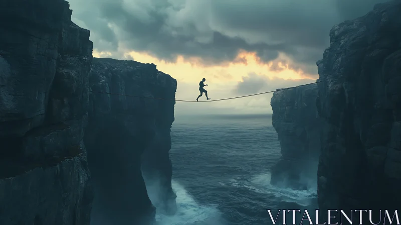 High-Risk Journey: Man on a Cliffside Rope