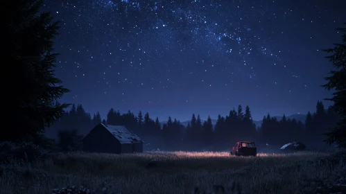 Starry Night Landscape with House and Car