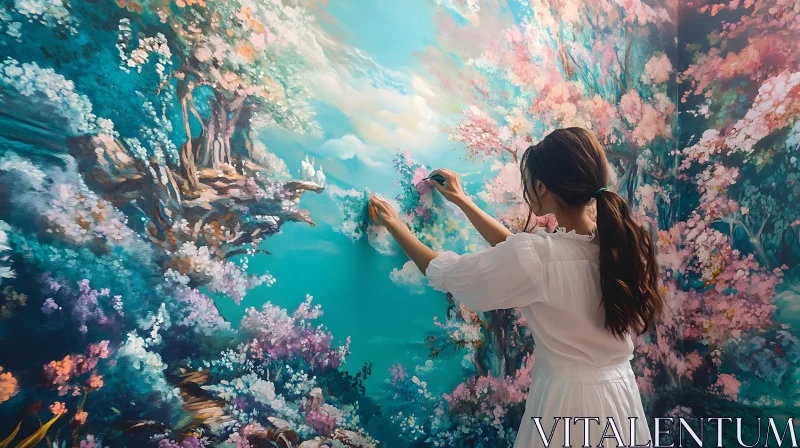 Artist Paints Floral Mural on Wall