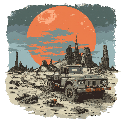 Olive Green Retro Truck in Desert Canyon under Dual Moons