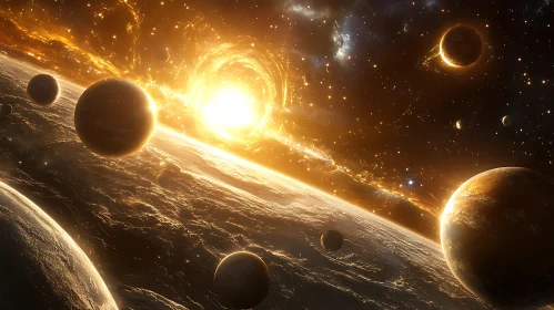 Cosmic Planets and Star in Golden Light