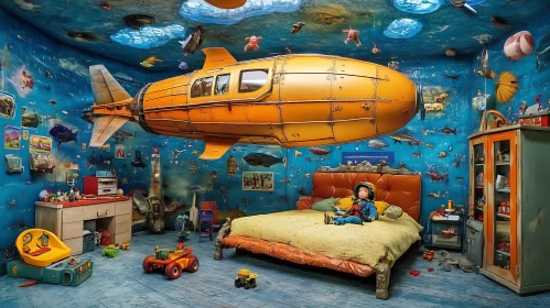 Child's Room with Underwater Theme and Flying Submarine