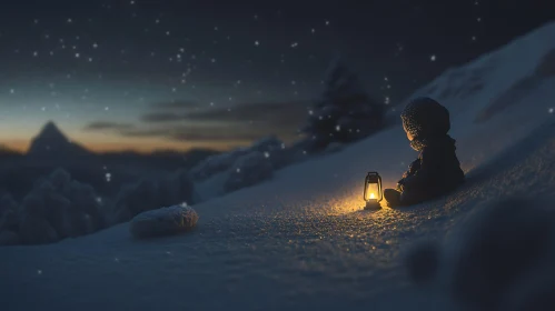 Child with Lantern in Snowy Landscape