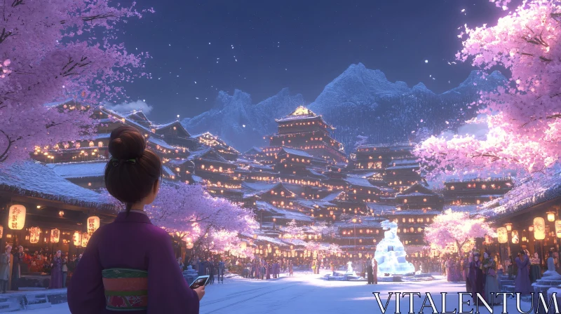 Snowy City View with Blossoms and Lights