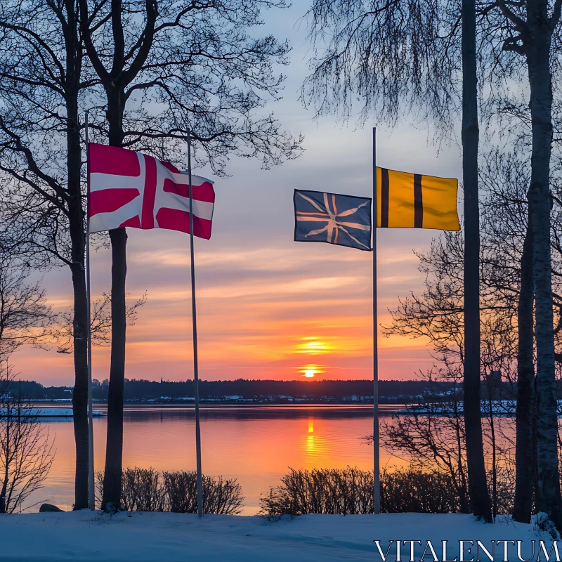 Lake Sunset with Flags