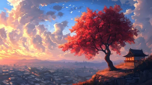 Autumnal City View with Japanese Building