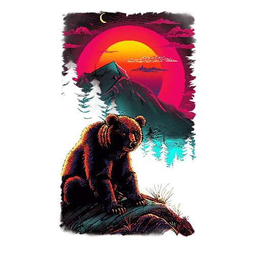 Retro 80s Digital Painting of a Bear in a Forest at Sunset
