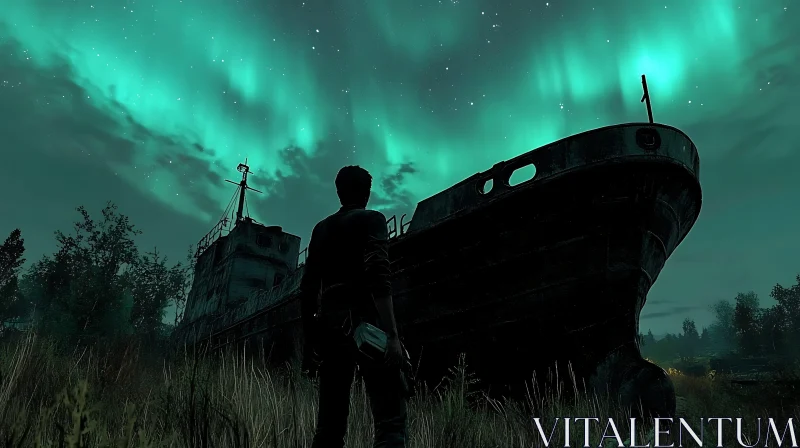 Man and Shipwreck Under Aurora