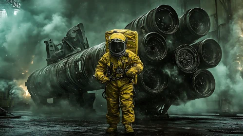Lone Astronaut in Yellow Suit Before Rocket