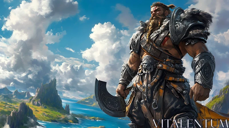 Fantasy Warrior Overlooking Island Landscape