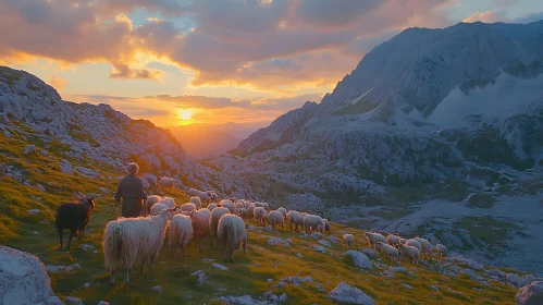 Sheep Grazing at Sunset in the Mountains