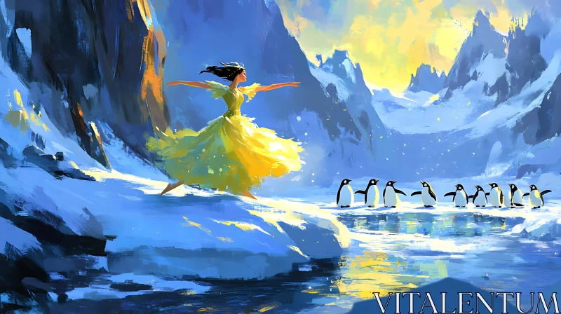 Woman Dancing with Penguins on Ice