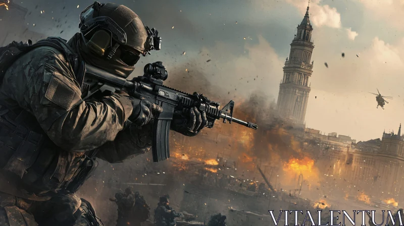 Combat Soldier in War-Torn City