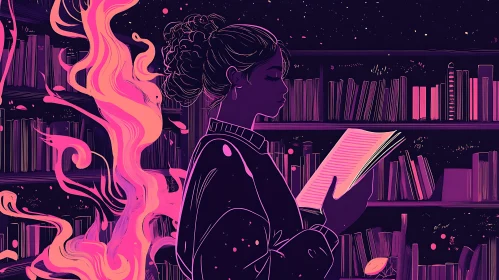 Silhouette Reader in Library with Pink Smoke