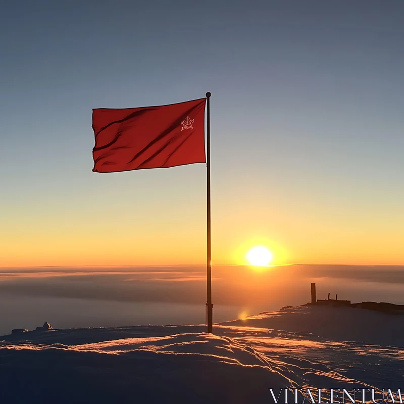 Flag on Snowy Mountain at Sunset