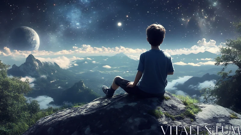 Boy Stargazing on Mountain Top