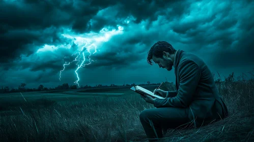 Man Writing During a Lightning Storm