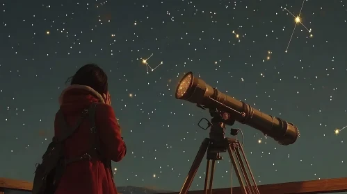 Woman Observing Stars with Telescope