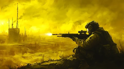 Gas Masked Soldier in Desolate Landscape