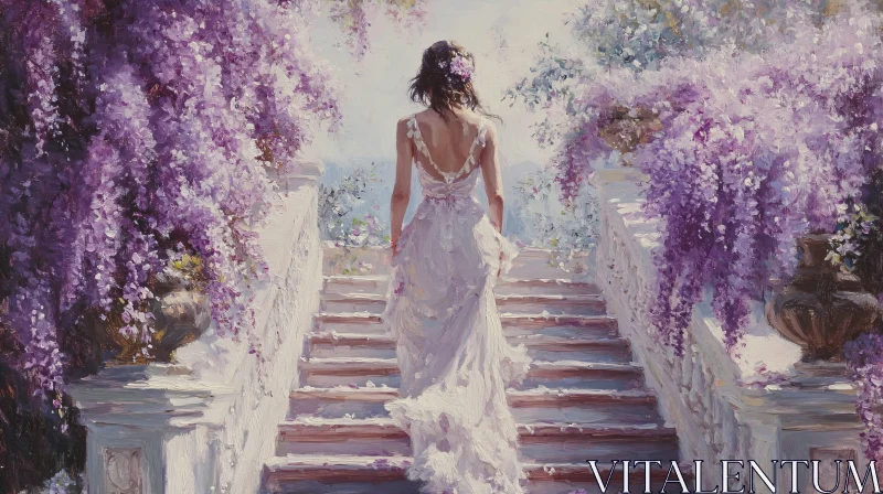 Wisteria Adorned Staircase with Woman