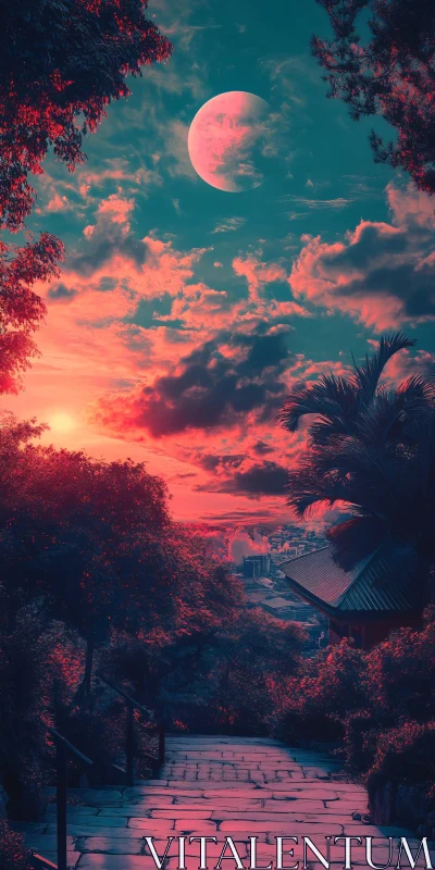 Pink Moon Dreamy Sunset Cityscape View