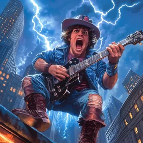Rooftop Serenade: A Guitarist's Stormy Night