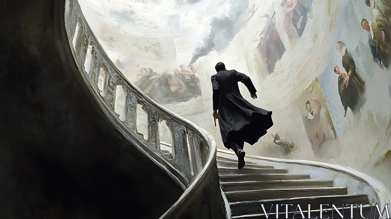 Man on Stairs with Paintings