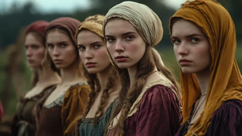 Row of Women in Historical Garb