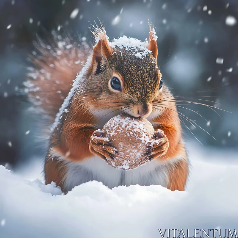 Snowy Squirrel Portrait with Winter Nut