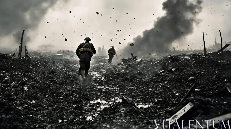 Monochrome Soldiers in War Landscape