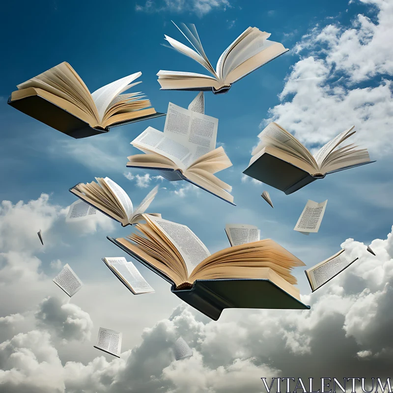 Floating Books in Sky: A Dreamy Scene