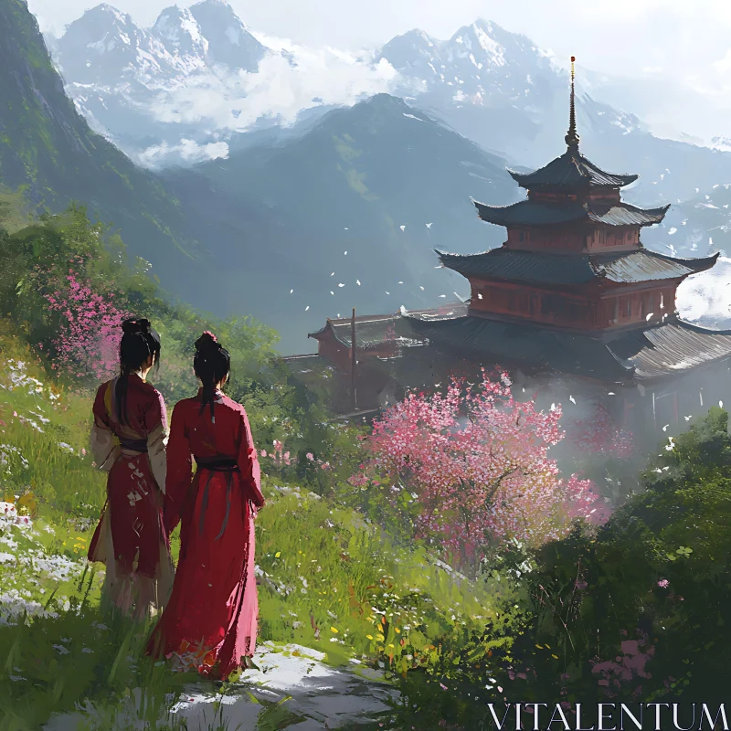 Women in Red Robes by Pagoda