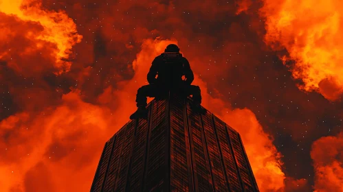 Man Silhouette on Building with Orange Sky