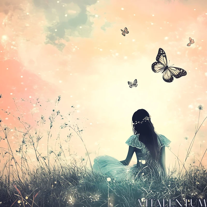 Dreamy Meadow Scene with Girl and Butterflies