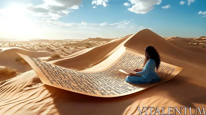 Woman Reads Ancient Scroll in Desert