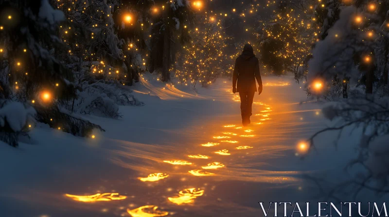 Winter night scene with glowing footprints