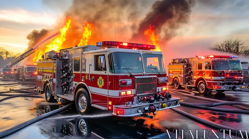 Fire Trucks Battling Flames at Sunset