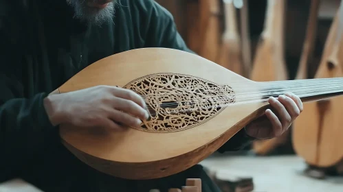 Artisan Playing Intricate Lute Design