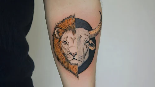 Split-Face Lion and Bull Tattoo Art