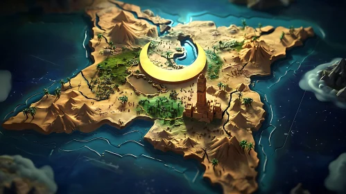 Stylized Island Landscape with Crescent
