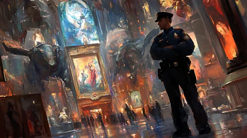 Guard in a Surreal Museum Interior