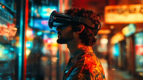 Man with VR Headset in Virtual World