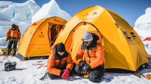 Captivating Artwork of People Around Tents in the Wilderness