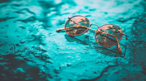 Close-up of Brown Sunglasses on Wet Blue Surface