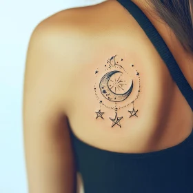 Celestial Shoulder Tattoo with Moon and Stars