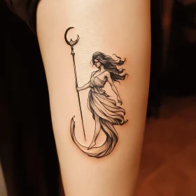 Elegant Female Tattoo Art with Crescent Symbols
