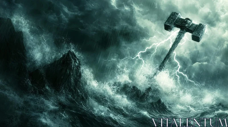 Mjolnir Amidst Ocean Tempest