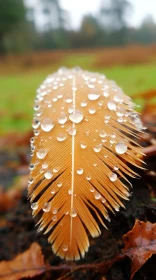 Feather Adorned with Raindrops in Autumn Forest - Nature's Artistry
