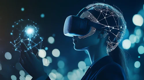 Woman in VR Headset Connecting to Metaverse