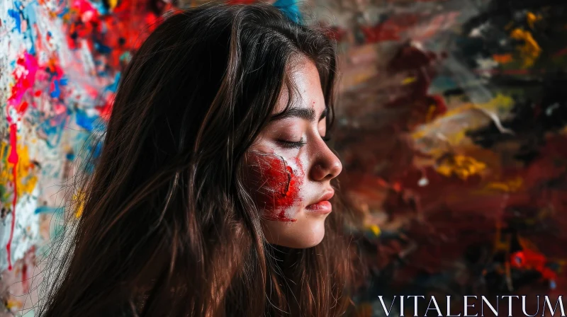 Young Woman with Dark Hair and Red Streak Standing in Front of Colorful Painted Wall